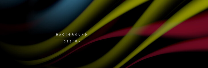 Сolorful flow poster. Wave liquid lines and shapes in black color background. Vector Illustration