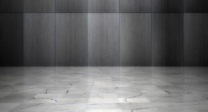 Dark Empty Interior with Marble Floor and Metal Wall Panels (3D Illustration)