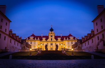Fototapeta na wymiar Beautiful castle in Valtice at night, South Moravia, popular travel destination in Czech Republic.