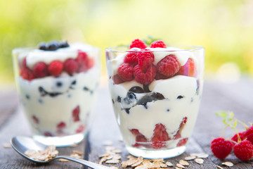 Ice cream or frozen yoghurt over green garden background