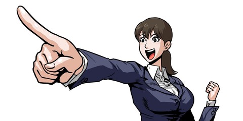 Business woman pointing finger cheerfully
