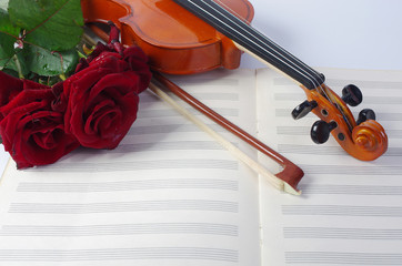 Violin with a bow, a bouquet of red roses and clean sheet music.