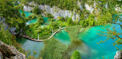 panoramic view over plitvice lakes in early september