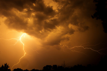 Huge fork lightnings and thunder during heavy summer storm. Night thunder-storm
