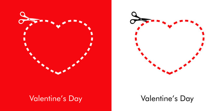 D&iacute;a de san Valent&iacute;n. Coraz&oacute;n recortable con tijera y l&iacute;nea punteada. Icono plano en fondo rojo y fondo blanco