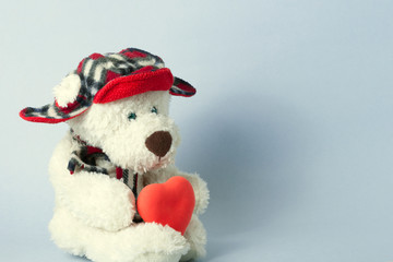 white teddy bear in a red cap with earflaps with a red heart. valentine's day concept, medical concept.