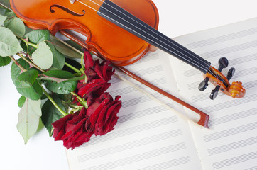Fototapeta premium Violin with a bow, a bouquet of red roses and clean sheet music.