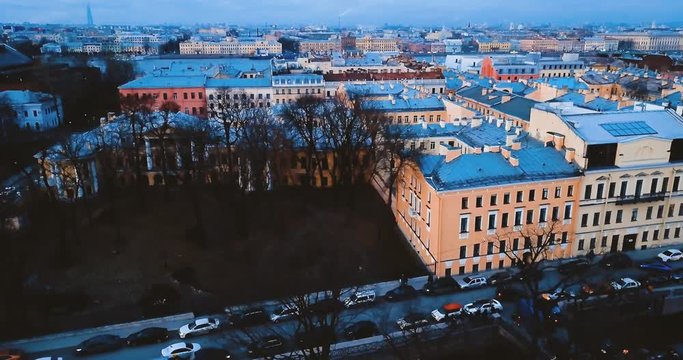 Old european buildings and facades in vintage style. in St. Petersburg, Russia. Aerial view of ancient european brick architecture. 4K flight. Cityscape Panorama
