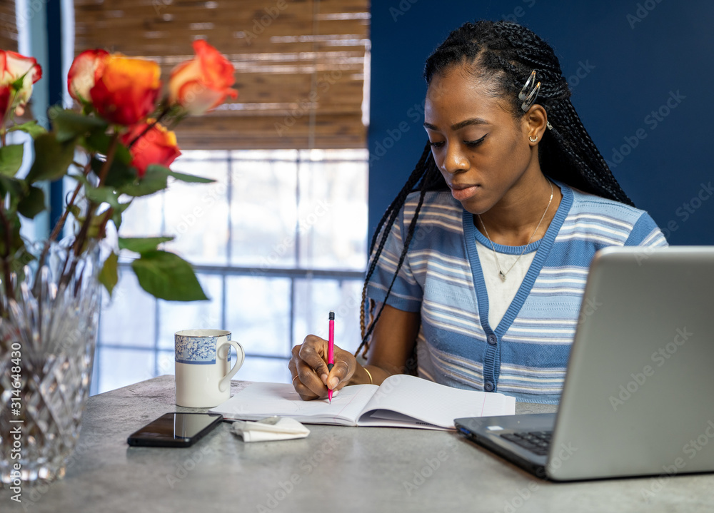 Wall mural Young, African American woman working from home on her laptop in the kitchen.