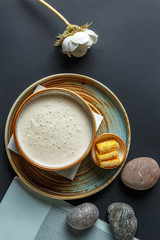 An exquisite culinary dish on a white table. Restaurant serving.