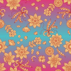 Floral ornament in russian style. Beautiful seamless pattern with golden flowers, leaves and berries on gradient background.