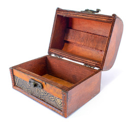 Small wooden decorative casket with a floral pattern, close-up, isolated on a white background