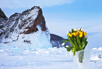 Tradition of tourists is celebration of Women's Day on March 8 on the ice of Lake Baikal. Beautiful...