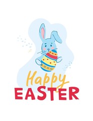 Color decorative cartoon banner with rabbit, egg, flowers and phrasehappy Easter hand drawn on a white background. Poster, card, greeting for the spring religious holiday. Cute vector illustration.