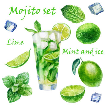 Watercolor illustration. An image of a glass with a mojito cocktail. Mint leaves, lime, ice cubes for drinks, cocktails.