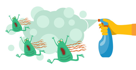 Hand holding and pressing down nozzle of aerosol can spraying liquid particles mist. Detergent and disinfectant. Antiseptic spray in flask. Vector illustration