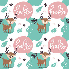 Obraz premium Seamless bright colorful cute pattern with deer, friends, Valentines Day, plant, leaf