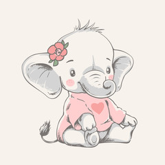 Vector hand getekende illustratie van een schattige babyolifant in een roze t-shirt.
