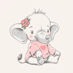 Fotobehang Schattige dieren Vector hand getekende illustratie van een schattige babyolifant in een roze t-shirt.