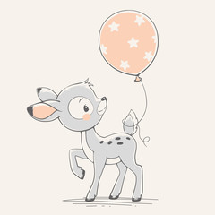 Vector hand drawn illustration of a cute baby deer with a balloon.