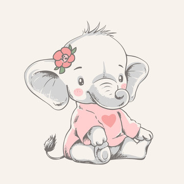 Vector hand drawn illustration of a cute baby elephant in a pink t-shirt.