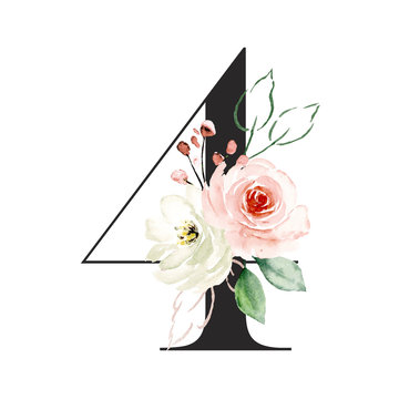 Number 4 with watercolor flowers roses and leaf. Perfectly for wedding, birthday invitations, greeting card, logo and other floral design. Hand painting. Isolated on white background. 
