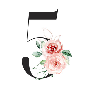 Number 5 with watercolor flowers roses and leaf. Perfectly for wedding, birthday invitations, greeting card, logo and other floral design. Hand painting. Isolated on white background. 