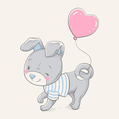 Vector hand drawn illustration of a cute gray puppy with pink balloon.