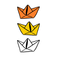 Set of simple origami hand drawn cartoon paper boats. Doodle style drawing. Isolated on white background.