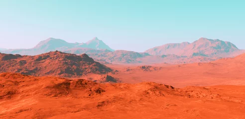 Selbstklebende Fototapeten Ziegel Marslandschaft, 3D-Darstellung des imaginären Marsplanetengeländes  © Cobalt