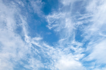 Blue sky with psychedelic feather clouds. Cloudscape for background.