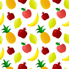 Colorful tropical fruit seamless pattern with pineapples, bananas, apples, pomegranates, lemons isolated on white. Vector illustration