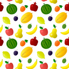 Colorful fruit seamless pattern with pineapples, bananas, apples, pomegranates, lemons isolated on white. Vector illustration