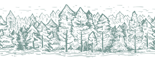 Coniferous vector sketch border pattern. Fir trees in gray color.