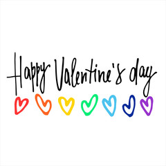 Happy Valentines Day greeting lettering with rainbow-colored hearts. Isolated on white
