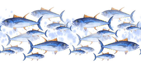 Seamless border pattern of school of  bluefin tuna. Watercolor illustration fishes on white background