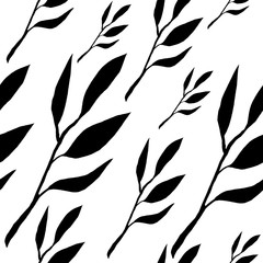 Seamless pattern of leaves. Black leaves. Botanical illustration. Background for title, image for blog, decoration. Design for wallpapers, textiles, fabrics.