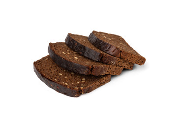 Dark rye bread with sunflower seeds isolated on white background.