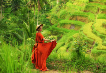 Obraz na płótnie Canvas Woman walking on Tegalalang Rice Terrace, Bali