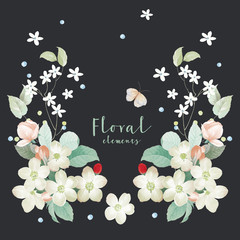 Colorful flower on dark background,Flowers watercolor illustration,leaves and floral，Design for textile, wallpapers