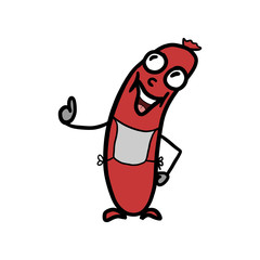 Happy sausage mascot character having an idea. Isolated cartoon drawing on white background. Hand drawn vector illustration.