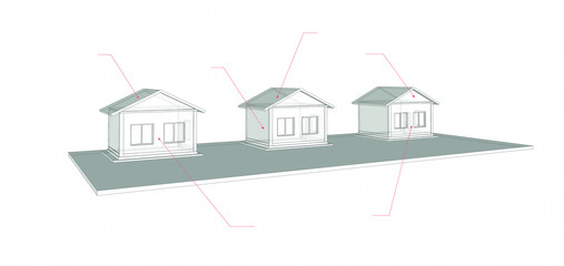 Three houses in x-ray style on a plane on a sheet of paper in a cage