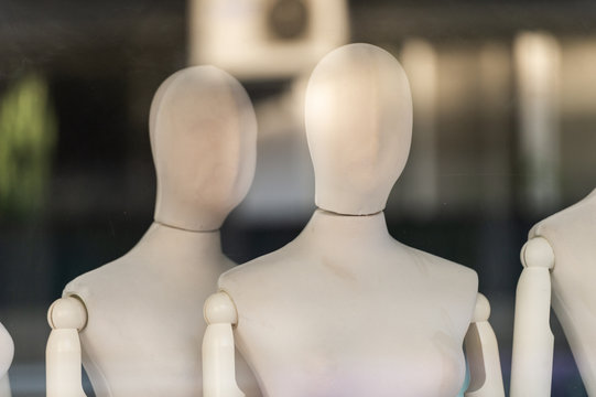 Boutique display window with mannequins