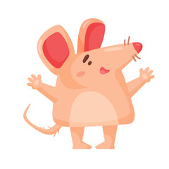 Happy little rodent with pink fur and big pink ears opened its paws for a hug. Vector mouse