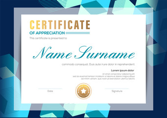 modern certificate of completion template with blue abstract cube shape graphic background