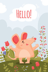 A spring card with a happy little pink mouse and big pink ears. Vector of a cartoon rodent