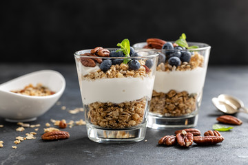 Blueberry parfait with ricotta cheese, granola and pecan nuts