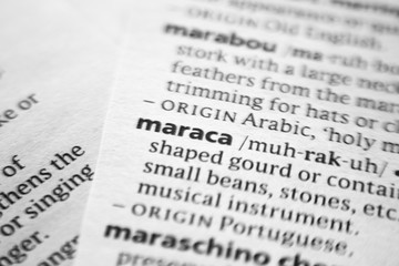 Fototapeta premium Word or phrase Maraca in a dictionary.