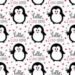 Vector seamless pattern illustration with cute hand drawn black Penguin
