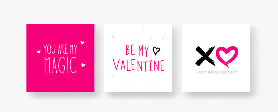 Vector set of Valentines cards with hand lettering and hand drawn hearts